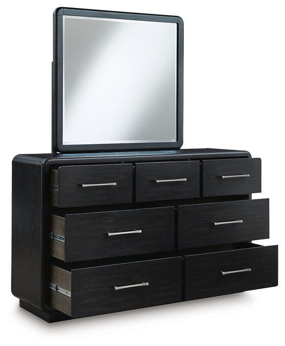 Rowanbeck King Upholstered Panel Bed with Mirrored Dresser