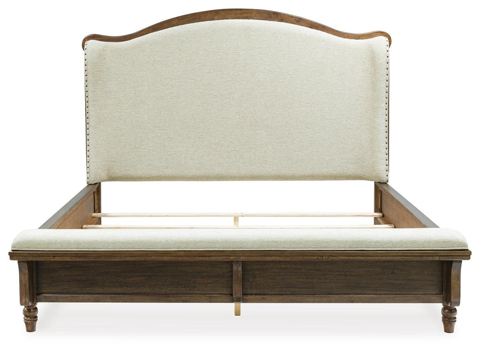 Sturlayne King Upholstered Panel Bed, Dresser, Mirror, Chest and Nightstand