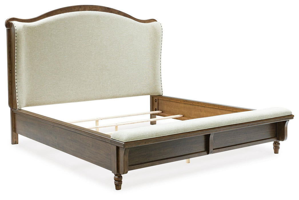 Sturlayne King Upholstered Panel Bed, Dresser, Mirror, Chest and Nightstand