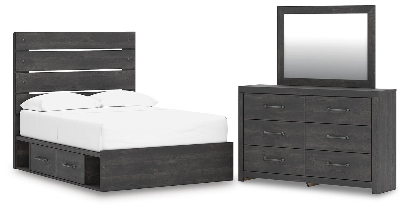 Delmorta Full Panel Bed with Storage, Dresser and Mirror