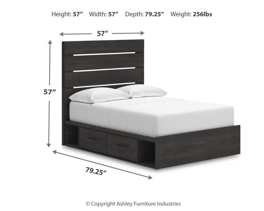 Delmorta Full Panel Bed with Storage, Dresser and Mirror
