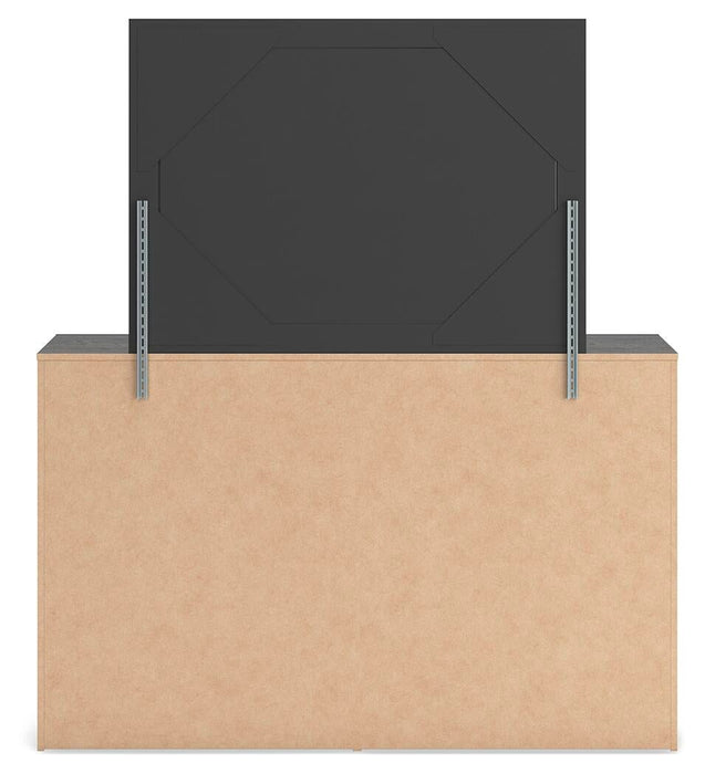 Delmorta Full Panel Bed with Storage, Dresser, Mirror and Nightstand