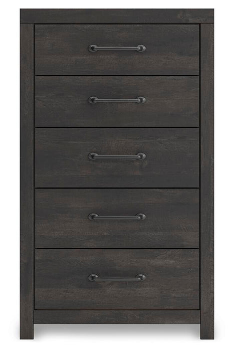 Delmorta Full Panel Bed with Storage, Dresser, Mirror, Chest and Nightstand