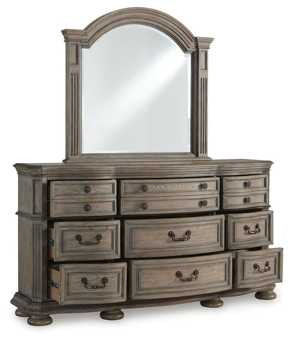 Ardenfield Queen Upholstered Sleigh Bed, Dresser and Mirror