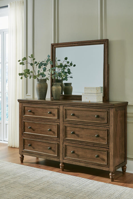 Sturlayne California King Upholstered Panel Bed, Dresser, Mirror and Nightstand