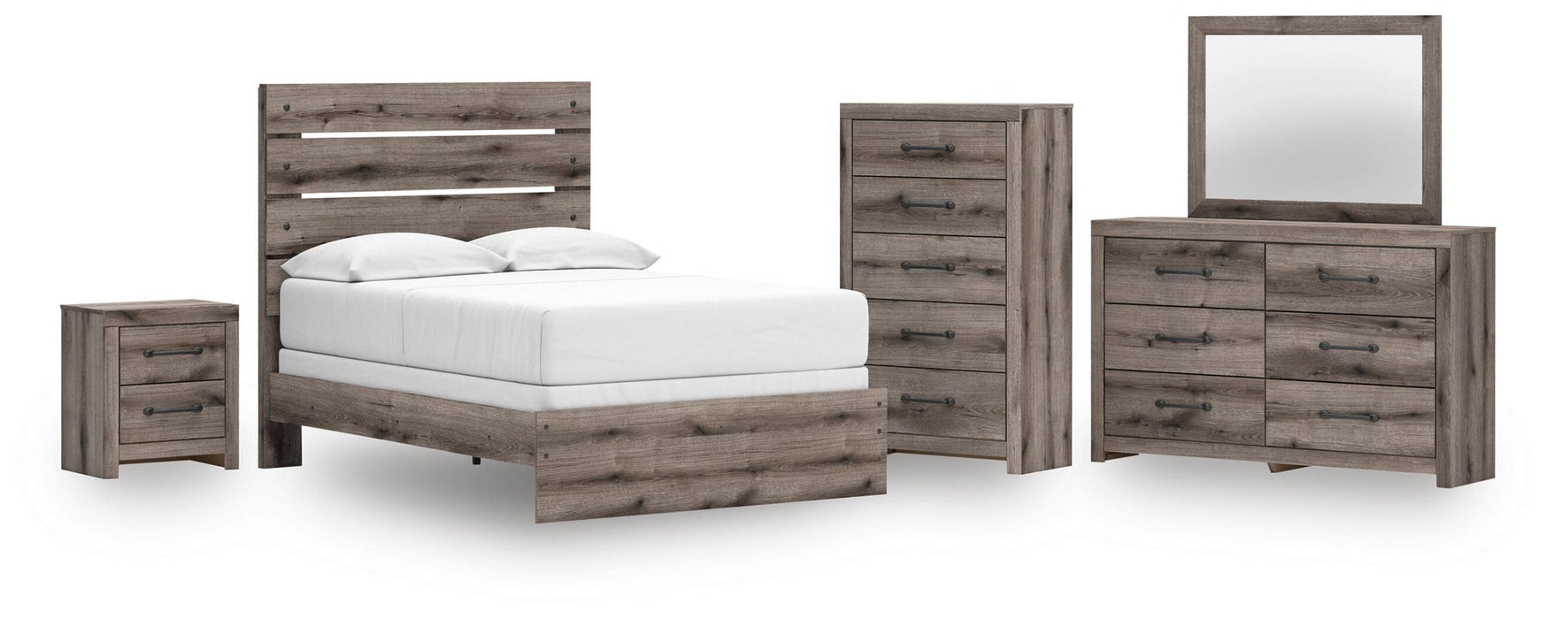 Urbanoore Full Panel Bed, Dresser, Mirror, Chest and Nightstand