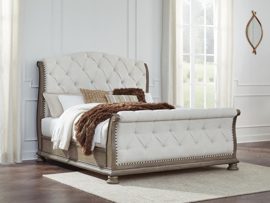 Ardenfield California King Upholstered Sleigh Bed, Dresser and Mirror