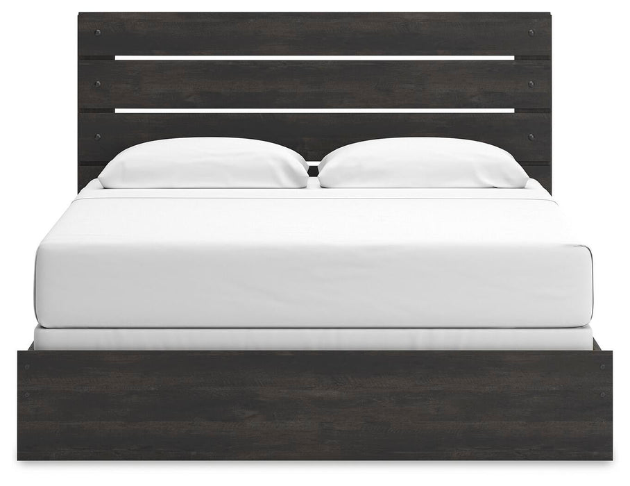 Delmorta King Panel Bed, Dresser, Mirror, Chest and Nightstand