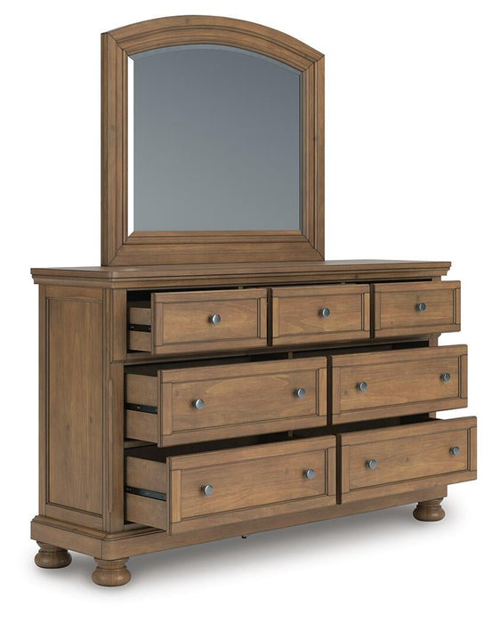 Vandenmore California King Storage Sleigh Bed with Mirrored Dresser and Nightstand
