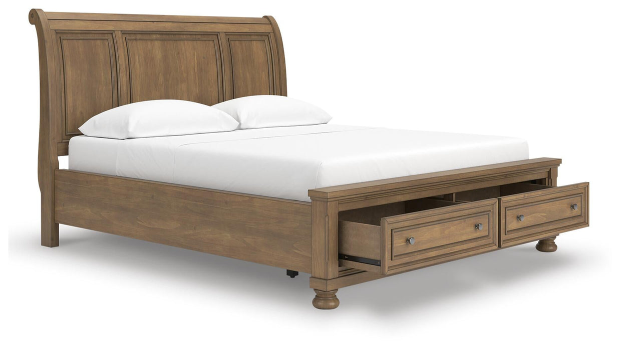 Vandenmore California King Storage Sleigh Bed with Mirrored Dresser and Nightstand