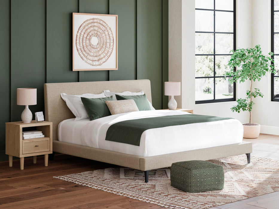 Cielden King Upholstered Bed with Roll Slats, Dresser, Mirror, Chest and Nightstand