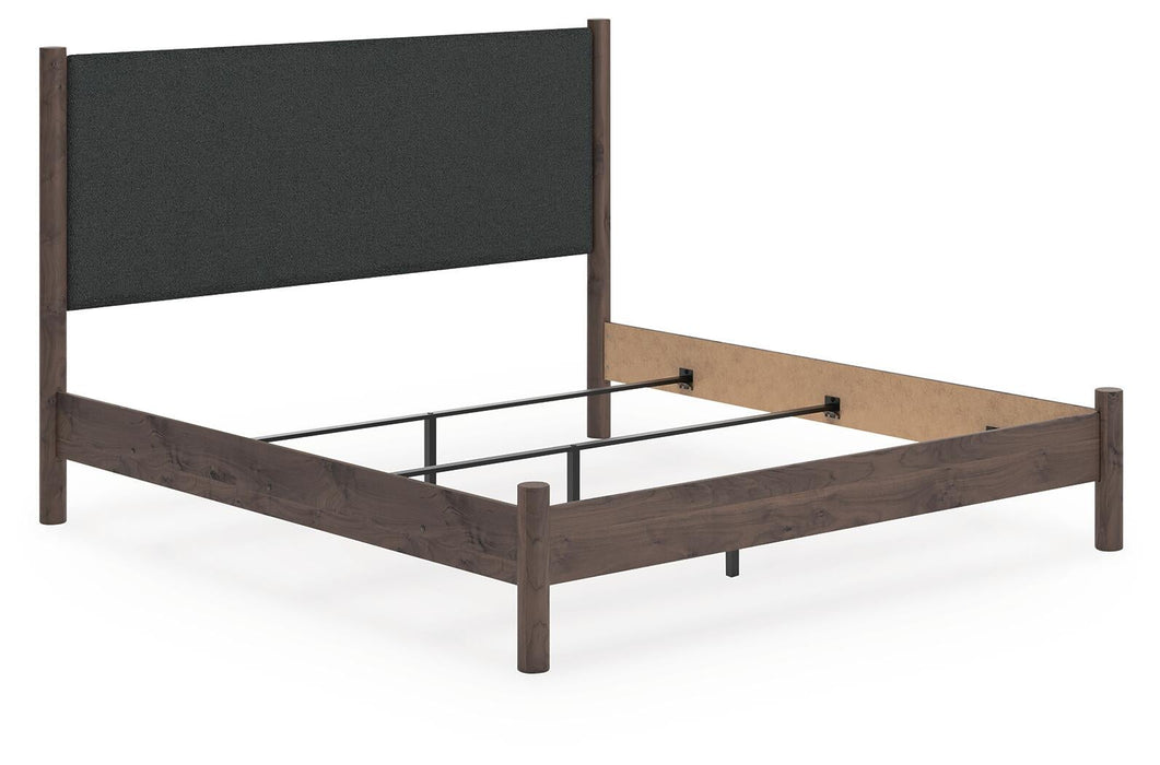 Cadmori King Upholstered Panel Bed, Dresser and Mirror