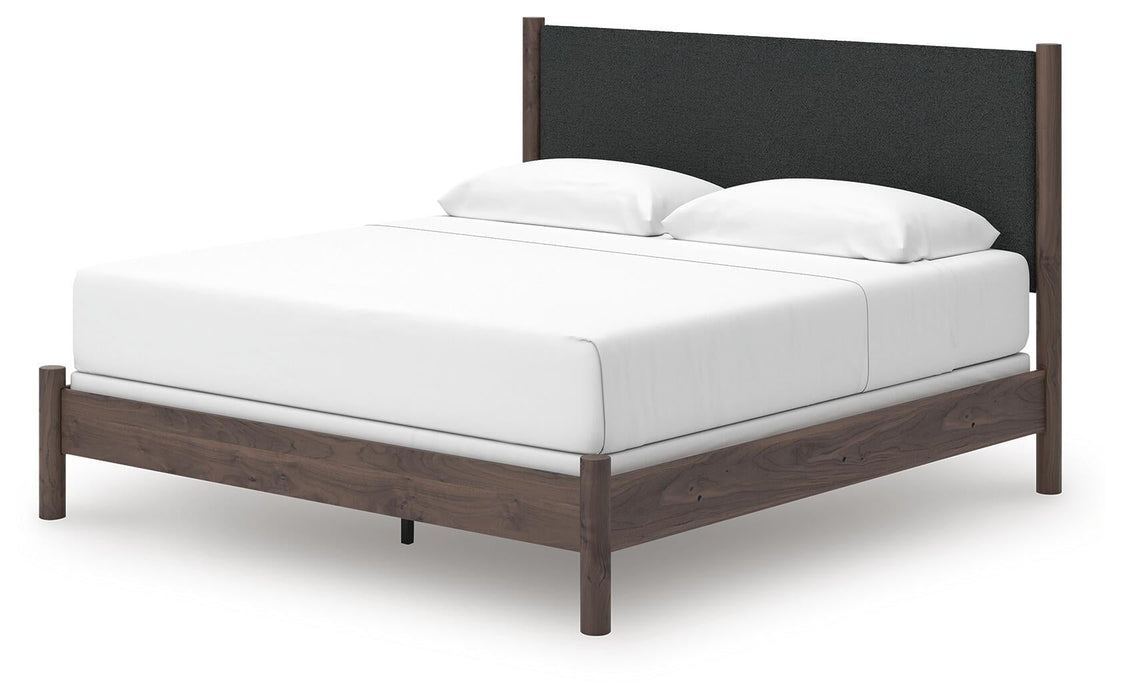 Cadmori King Upholstered Panel Bed, Dresser and Mirror