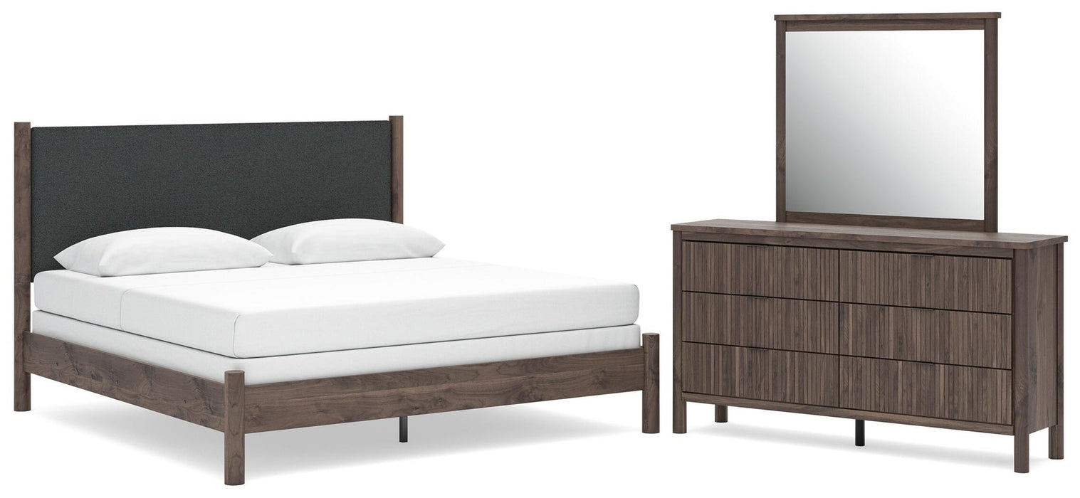 Cadmori King Upholstered Panel Bed, Dresser and Mirror