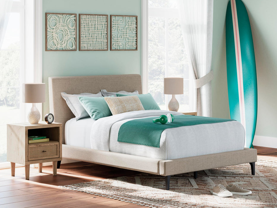 Cielden Full Upholstered Bed with Roll Slats, Dresser, Mirror, Chest and Nightstand