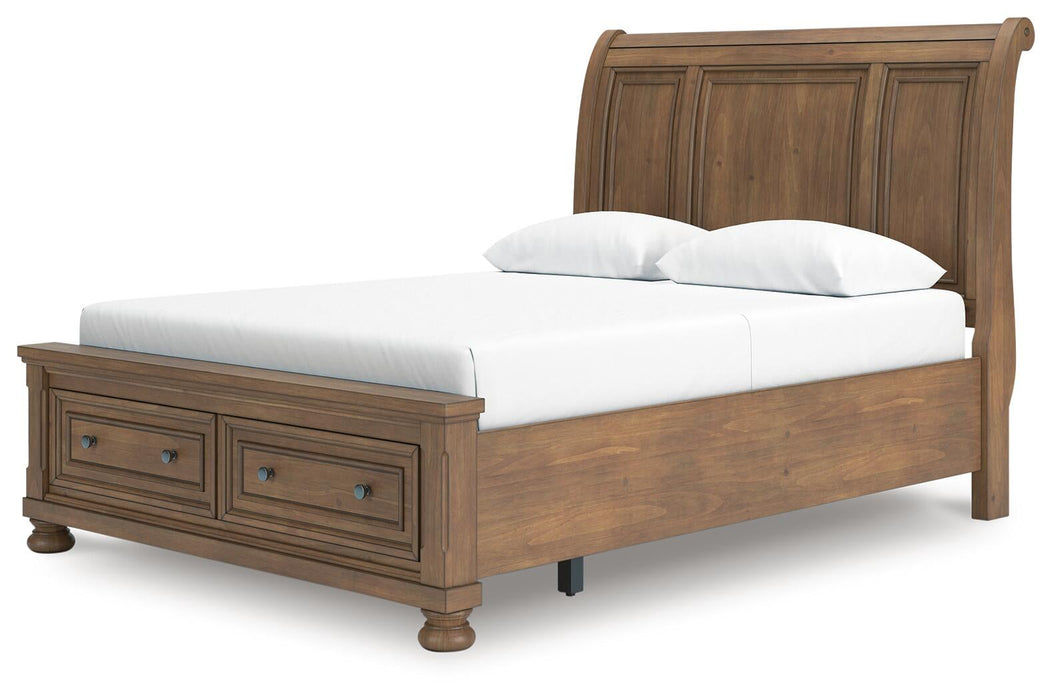 Vandenmore Queen Storage Sleigh Bed with Mirrored Dresser, Chest and Nightstand