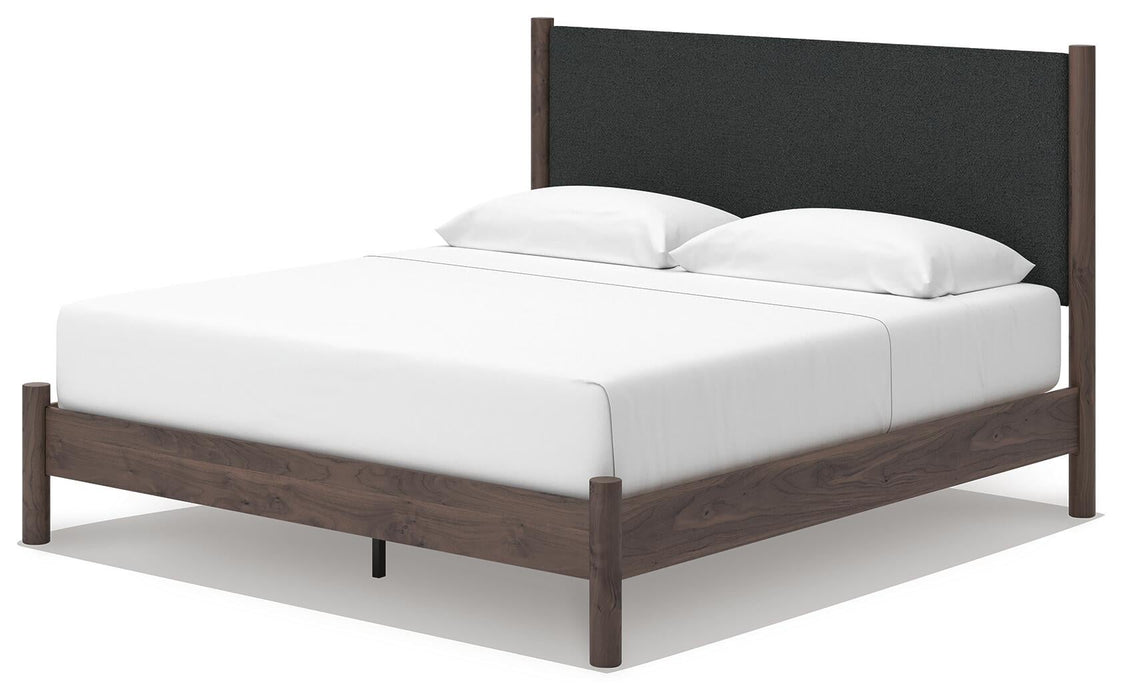 Cadmori King Upholstered Panel Platform Bed, Dresser and Mirror