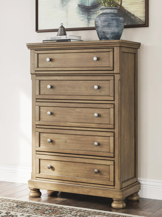 Vandenmore California King Storage Sleigh Bed with Mirrored Dresser, Chest and Nightstand
