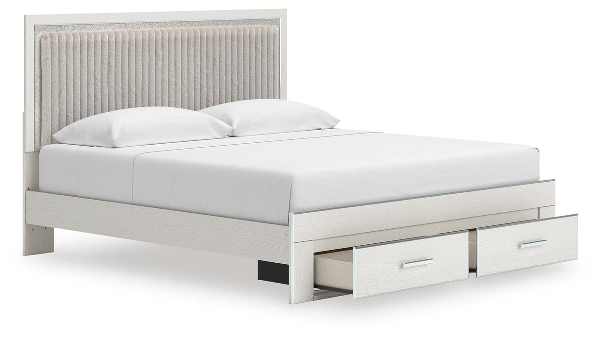Birmonton King Upholstered Panel Platform Storage Bed, Dresser and Mirror