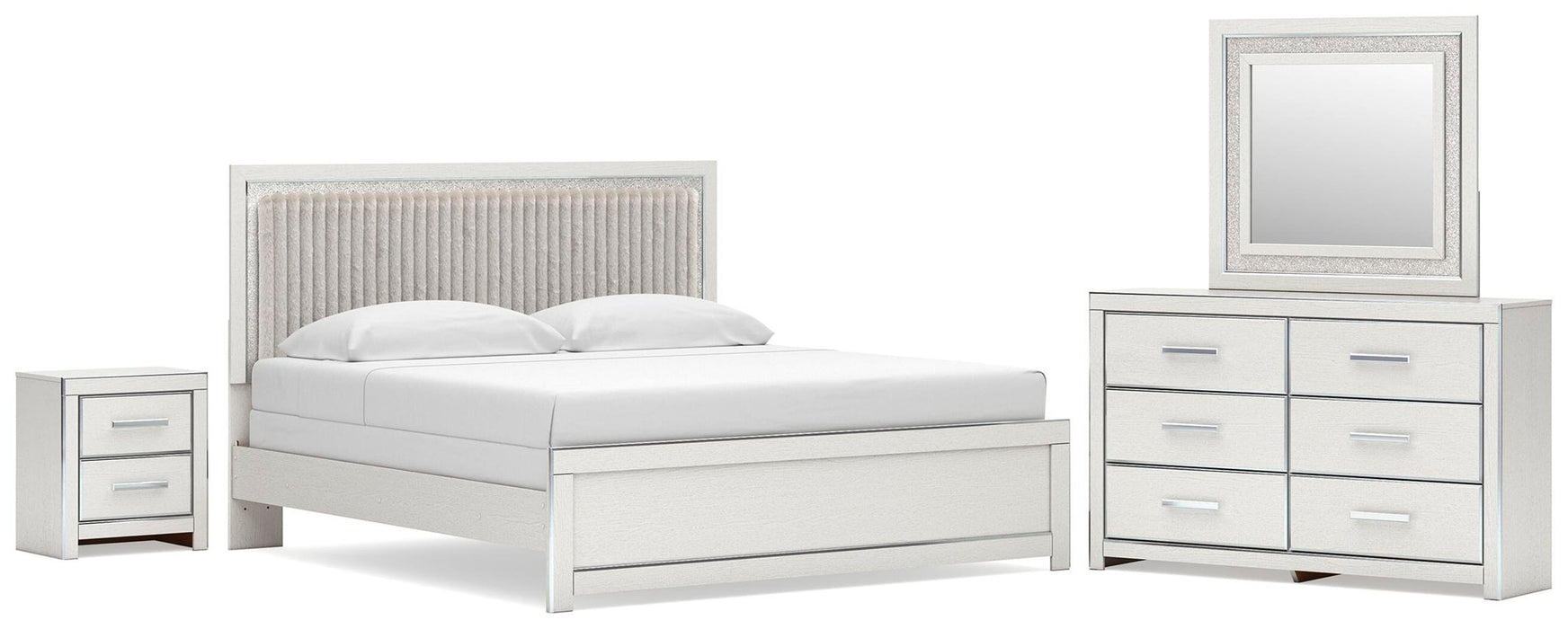 Birmonton King Upholstered Panel Bed, Dresser, Mirror and Nightstand