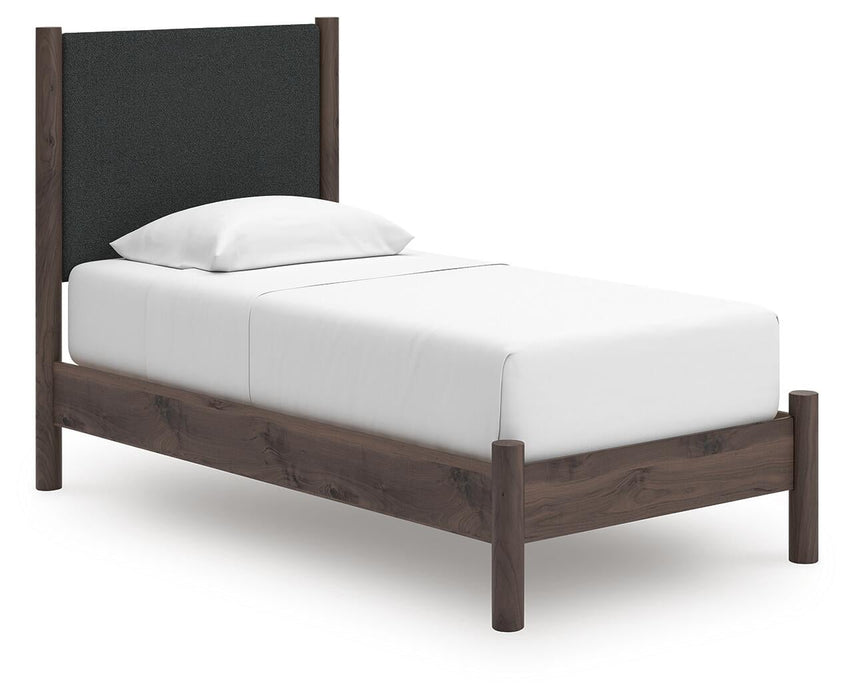 Cadmori Twin Upholstered Panel Platform Bed, Dresser, Mirror and Nightstand