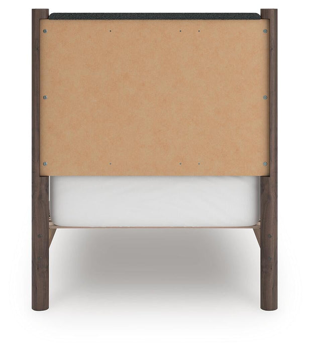 Cadmori Twin Upholstered Panel Platform Bed, Dresser, Mirror and Nightstand