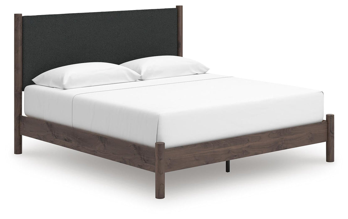 Cadmori King Upholstered Panel Platform Bed, Dresser, Mirror and Nightstand