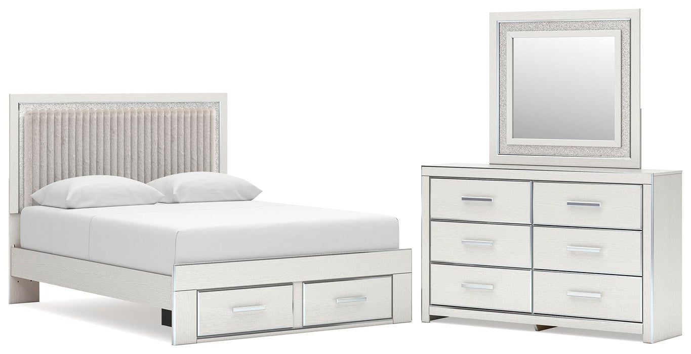 Birmonton Queen Upholstered Panel Platform Storage Bed, Dresser and Mirror