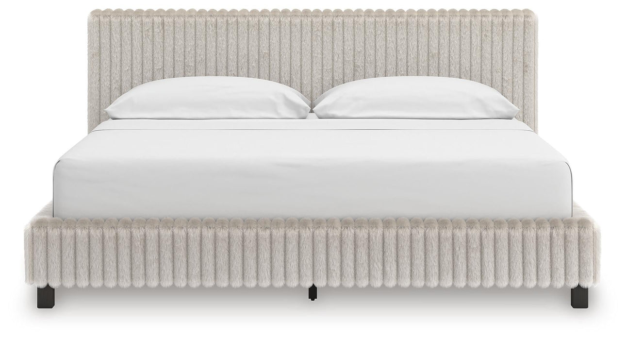 Birmonton California King Upholstered Bed, Dresser, Mirror and Nightstand