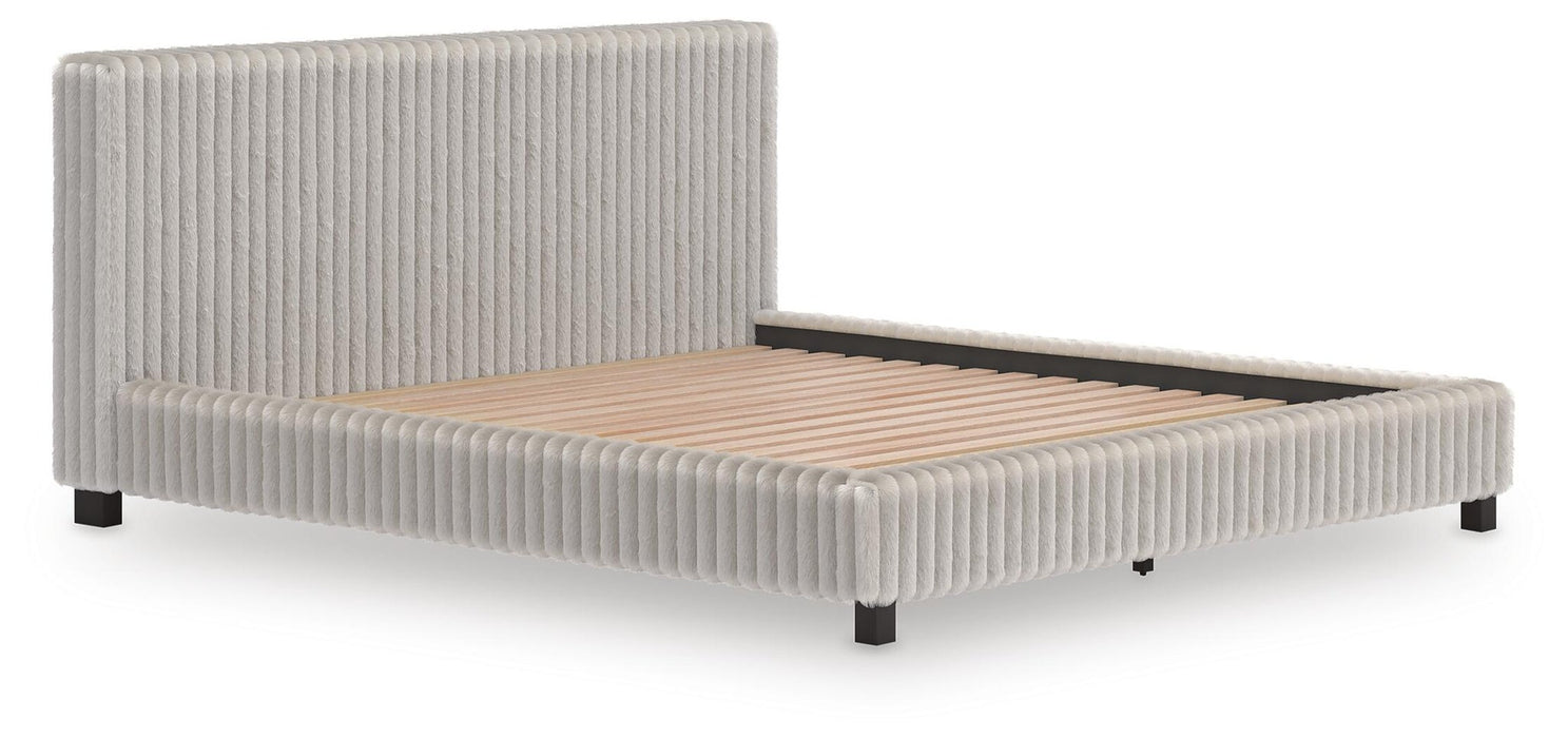 Birmonton California King Upholstered Bed, Dresser, Mirror and Nightstand