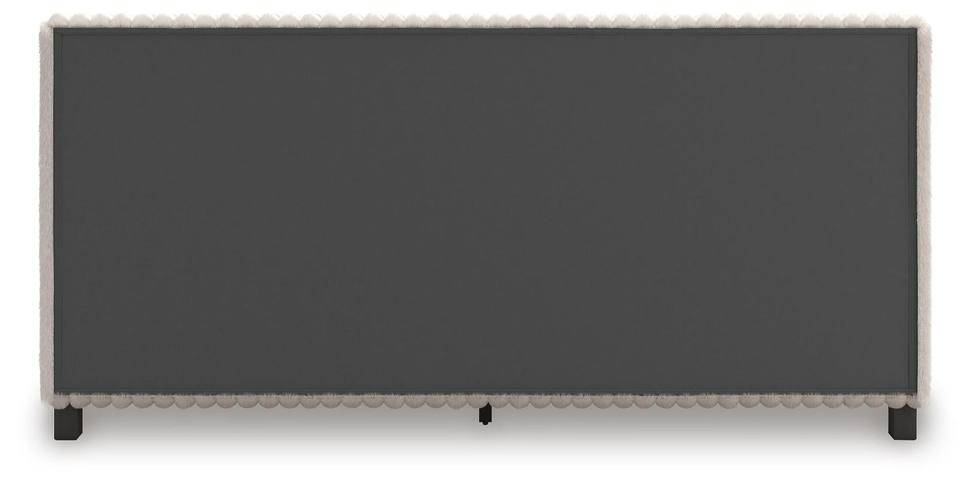 Birmonton California King Upholstered Bed, Dresser, Mirror and Nightstand