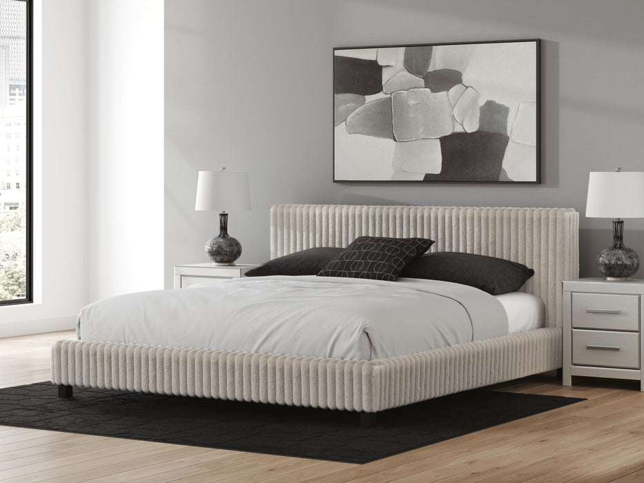 Birmonton California King Upholstered Bed, Dresser, Mirror and Nightstand