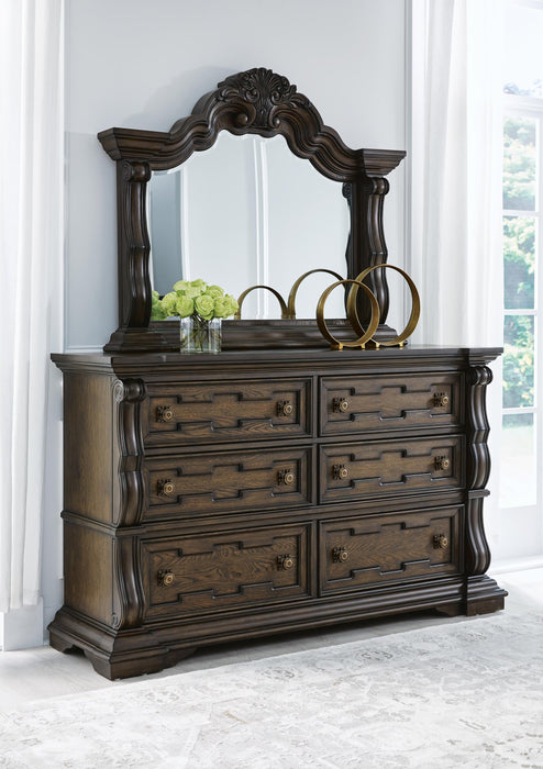 Maylee California King Canopy Bed, Dresser, Mirror and Nightstand