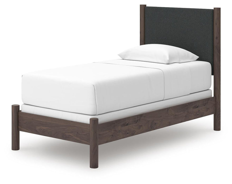 Cadmori Twin Upholstered Panel Bed, Dresser, Mirror, Chest and Nightstand