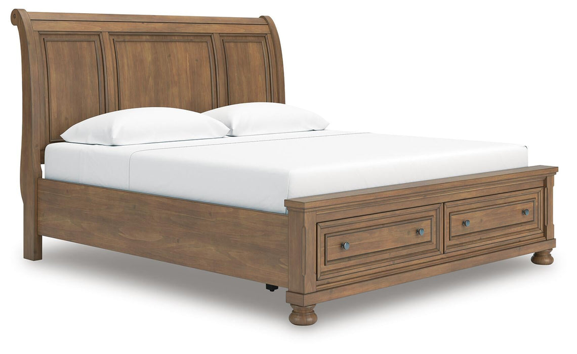 Vandenmore King Storage Sleigh Bed with Mirrored Dresser and Nightstand