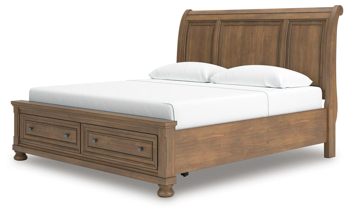 Vandenmore King Storage Sleigh Bed with Mirrored Dresser and Nightstand