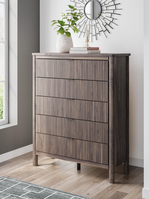 Cadmori Queen Upholstered Panel Platform Bed, Dresser, Mirror, Chest and Nightstand