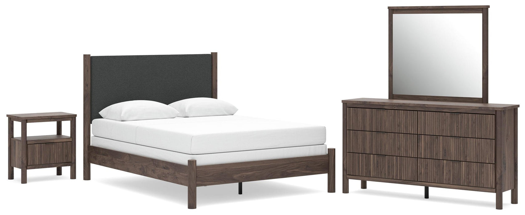 Cadmori Queen Upholstered Panel Bed, Dresser, Mirror and Nightstand