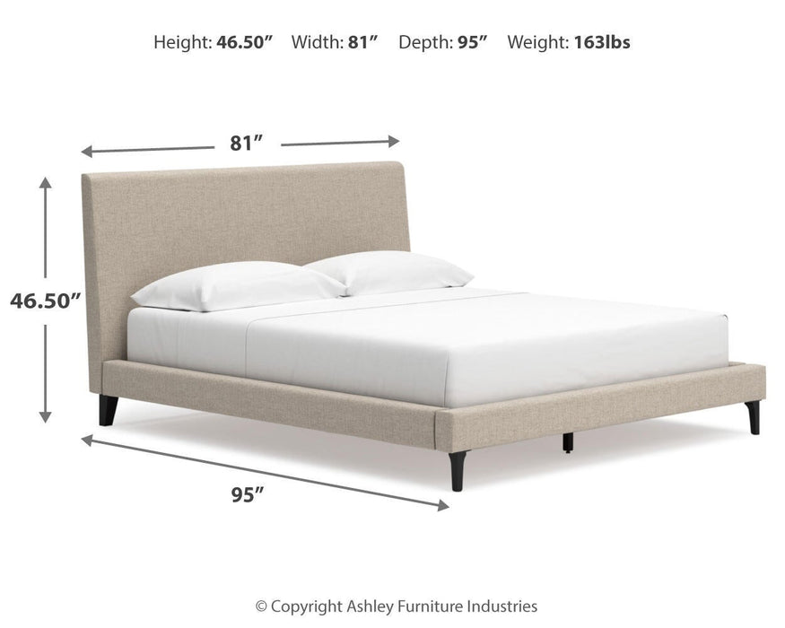 Cielden California King Upholstered Bed with Roll Slats, Dresser, Mirror and Nightstand