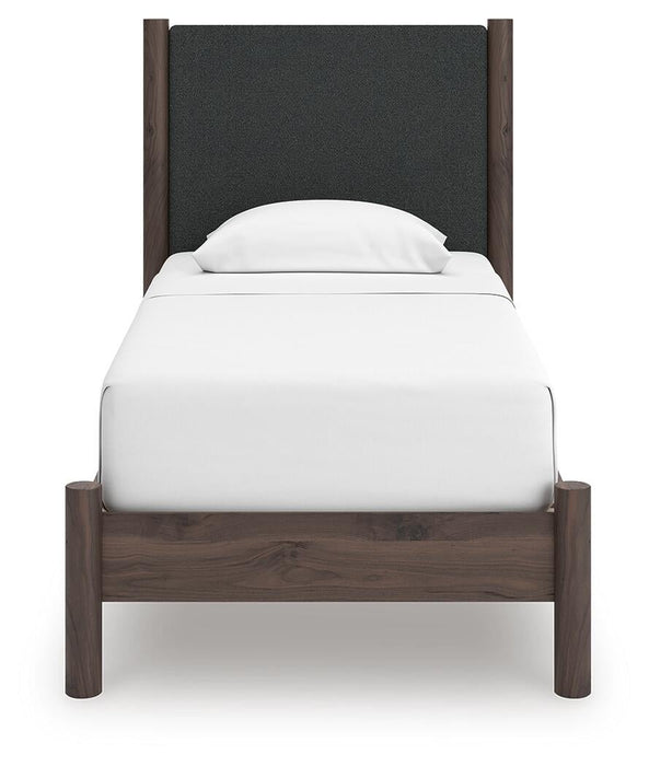 Cadmori Twin Upholstered Panel Platform Bed, Dresser, Mirror, Chest and Nightstand