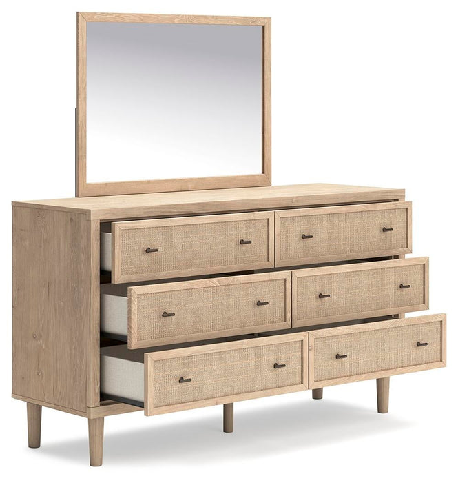 Cielden Queen Upholstered Bed with Roll Slats, Dresser and Mirror