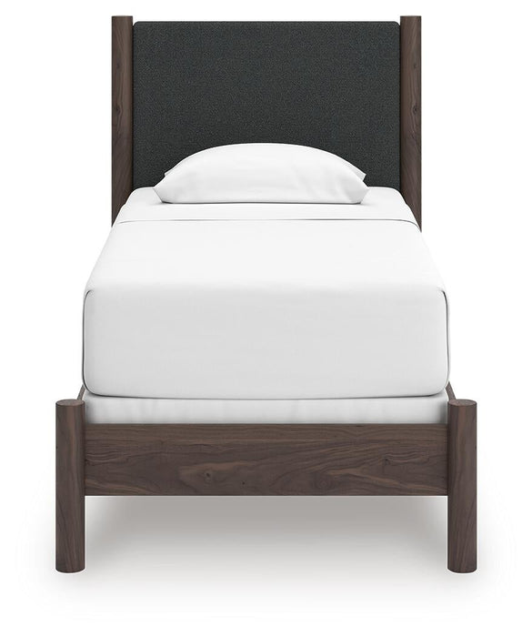 Cadmori Twin Upholstered Panel Bed, Dresser, Mirror and Nightstand