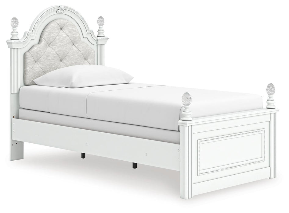 Maylilly Twin Upholstered Panel Bed, Dresser and Mirror
