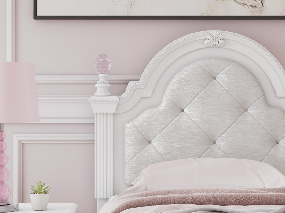 Maylilly Twin Upholstered Panel Bed, Dresser and Mirror