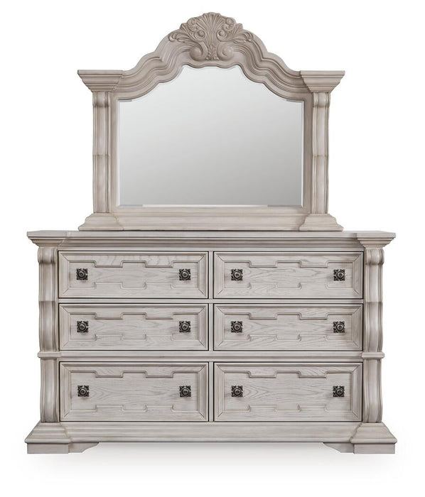 Andonhall California King Upholstered Panel Bed with Mirrored Dresser
