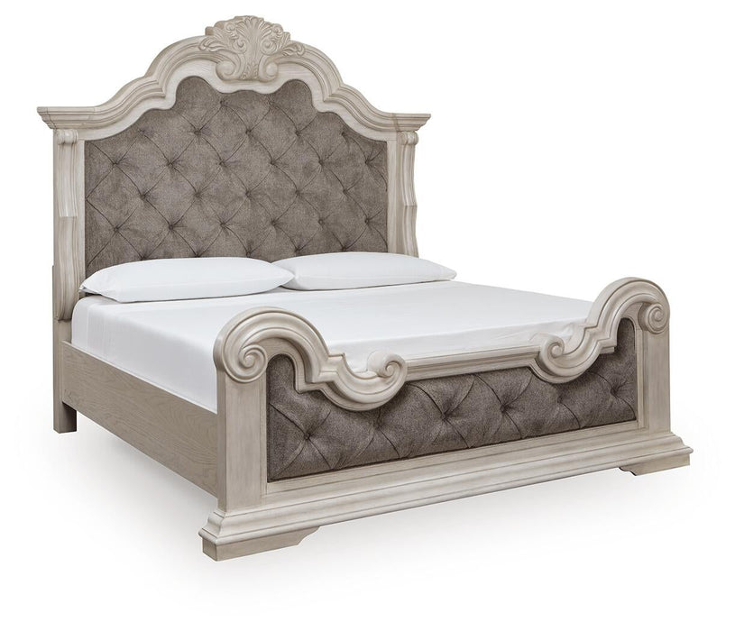 Andonhall California King Upholstered Panel Bed with Mirrored Dresser