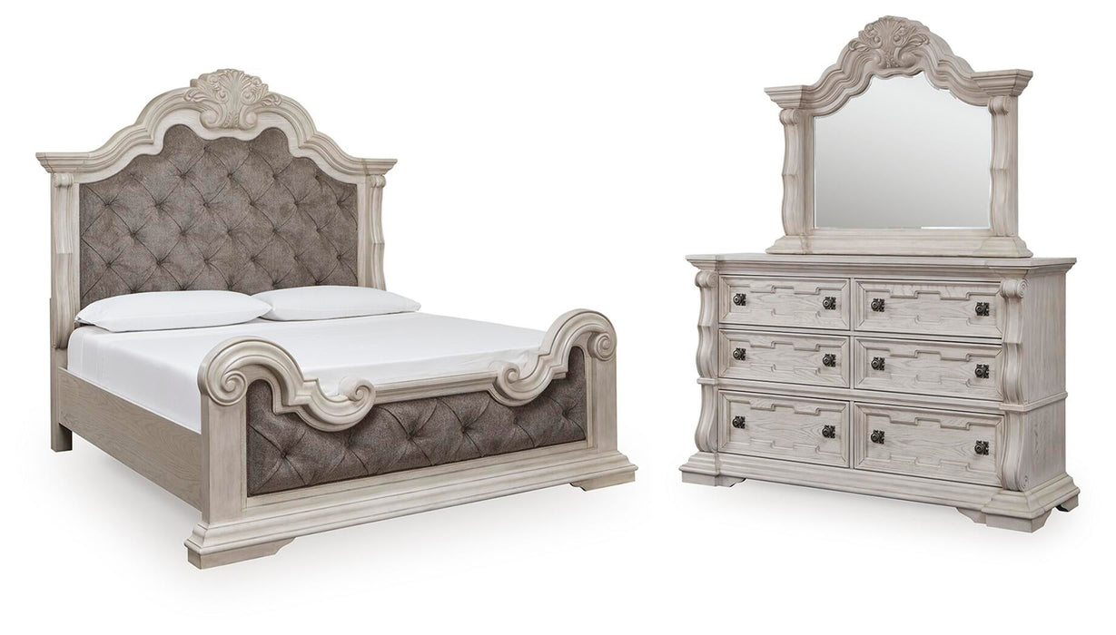 Andonhall California King Upholstered Panel Bed with Mirrored Dresser