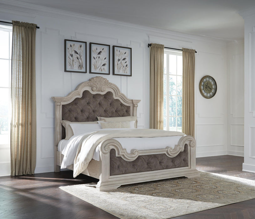 Andonhall California King Upholstered Panel Bed with Mirrored Dresser