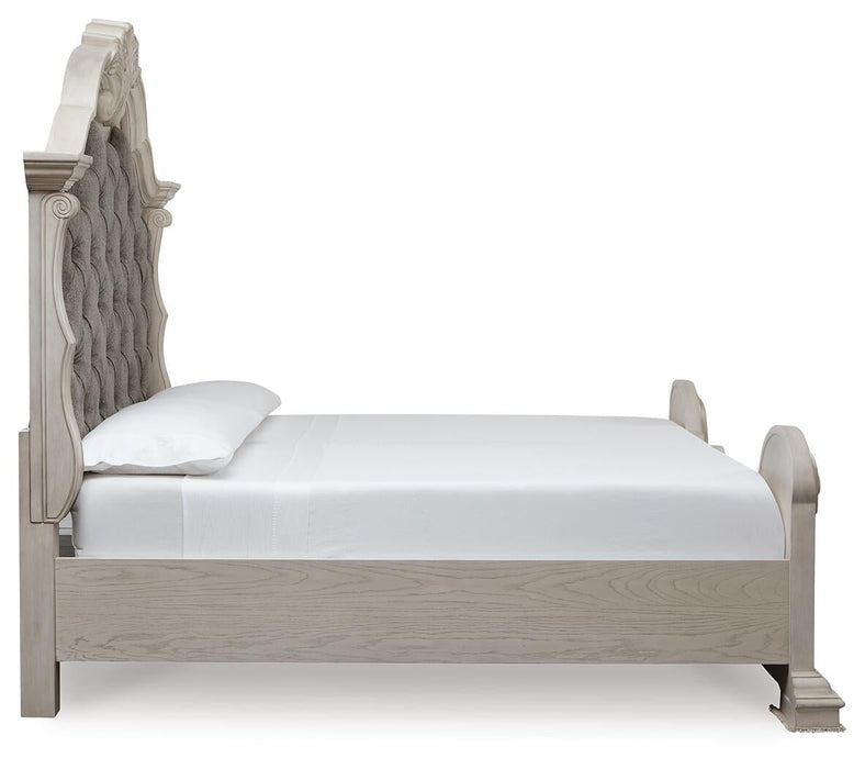 Andonhall King Upholstered Panel Bed with Mirrored Dresser and Nightstand
