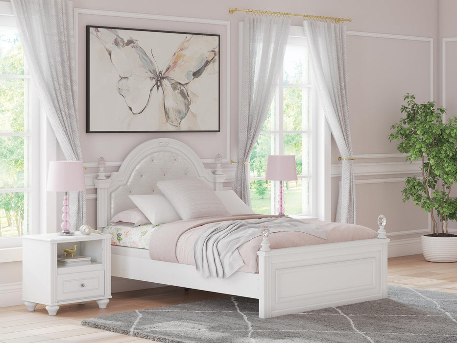 Maylilly Full Upholstered Panel Bed, Dresser, Mirror and Nightstand